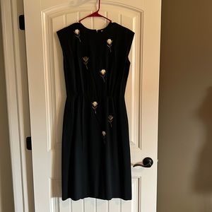 Vintage 1950’s Black Sheath Dress With Fabric Flowers Medium